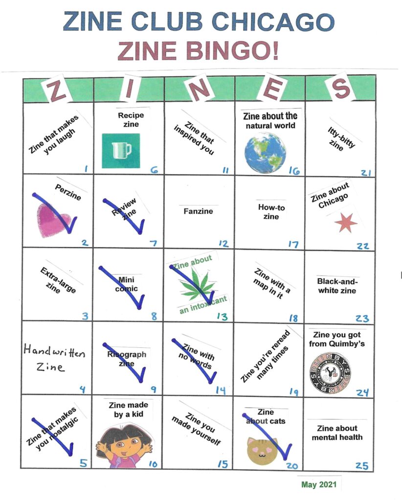 A handmade Zine Bingo board with a description of a different category of zine in each square; some squares are checked off.